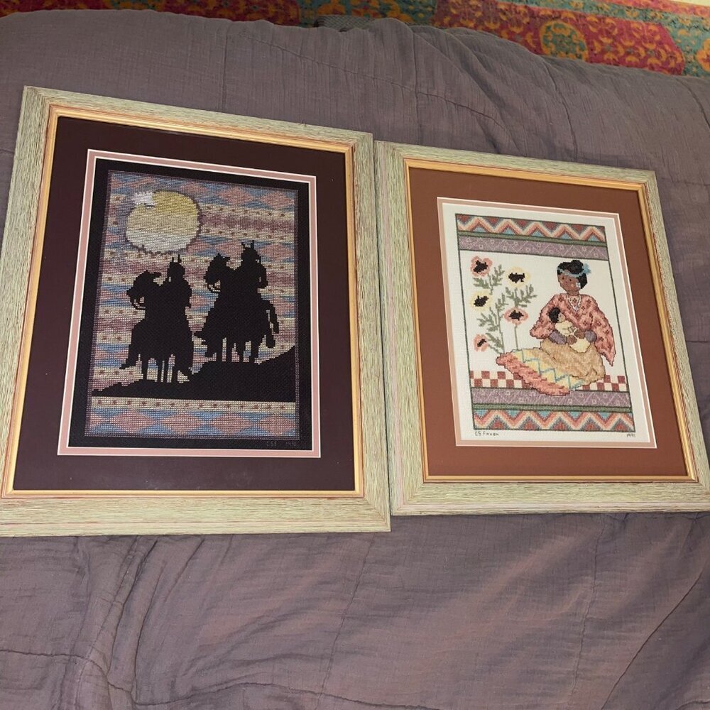 Native American Southwest Needle Point Cross Stitch Framed And Matted Set of 2